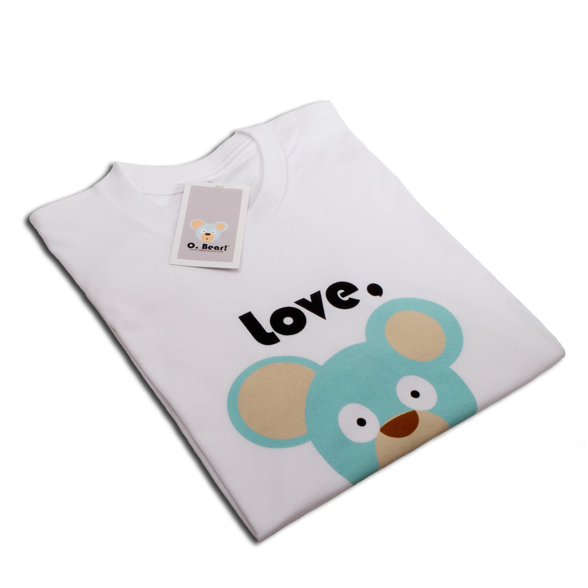 Folded white O. Bear t-shirt with a cartoon bear design and 'love' text on a white background