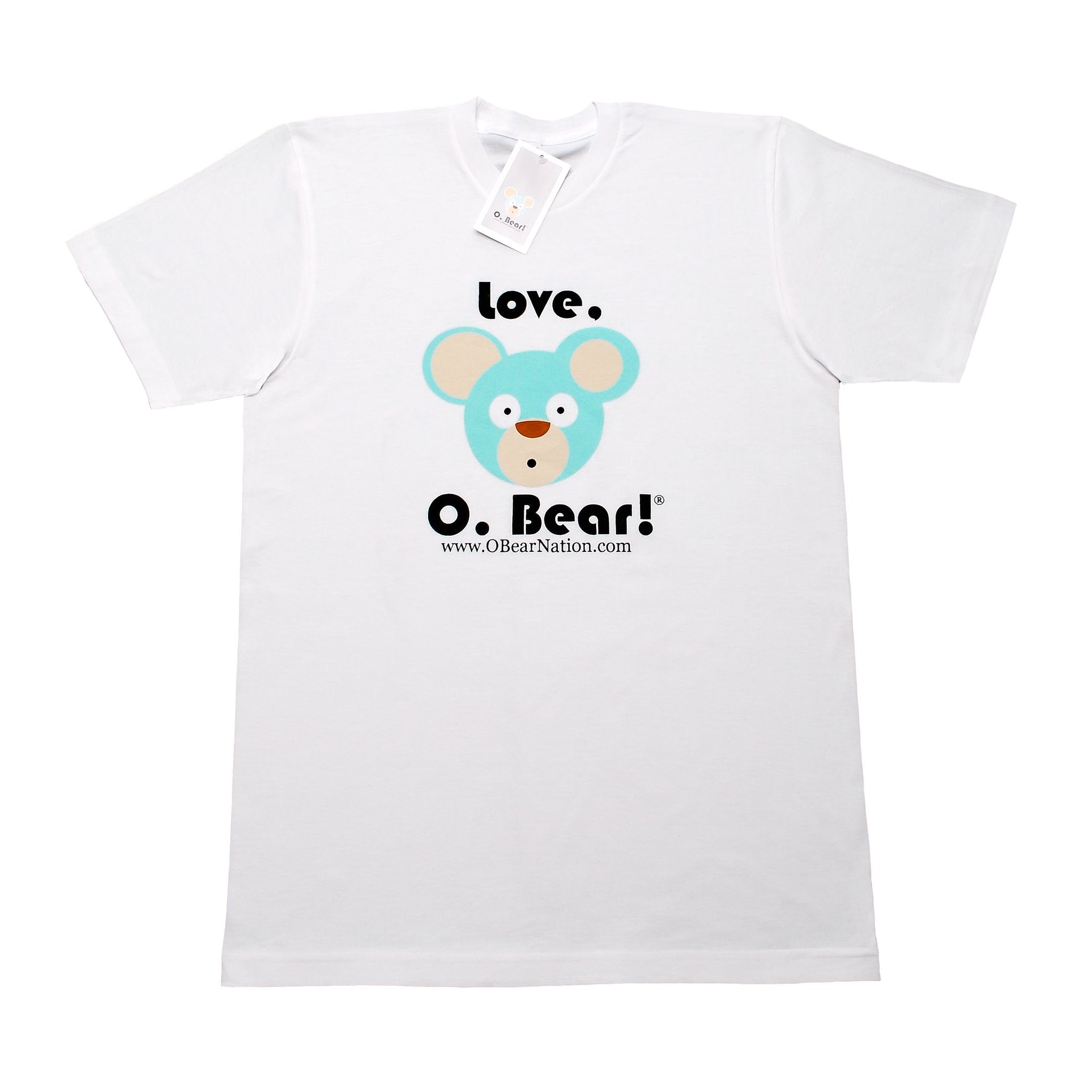 White O. Bear t-shirt with a cartoon bear design and text on a white background