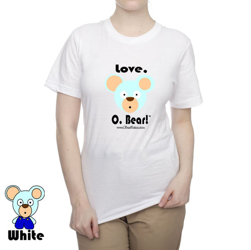 White O. Bear t-shirt with a bear graphic and text, worn by a person on a white background.