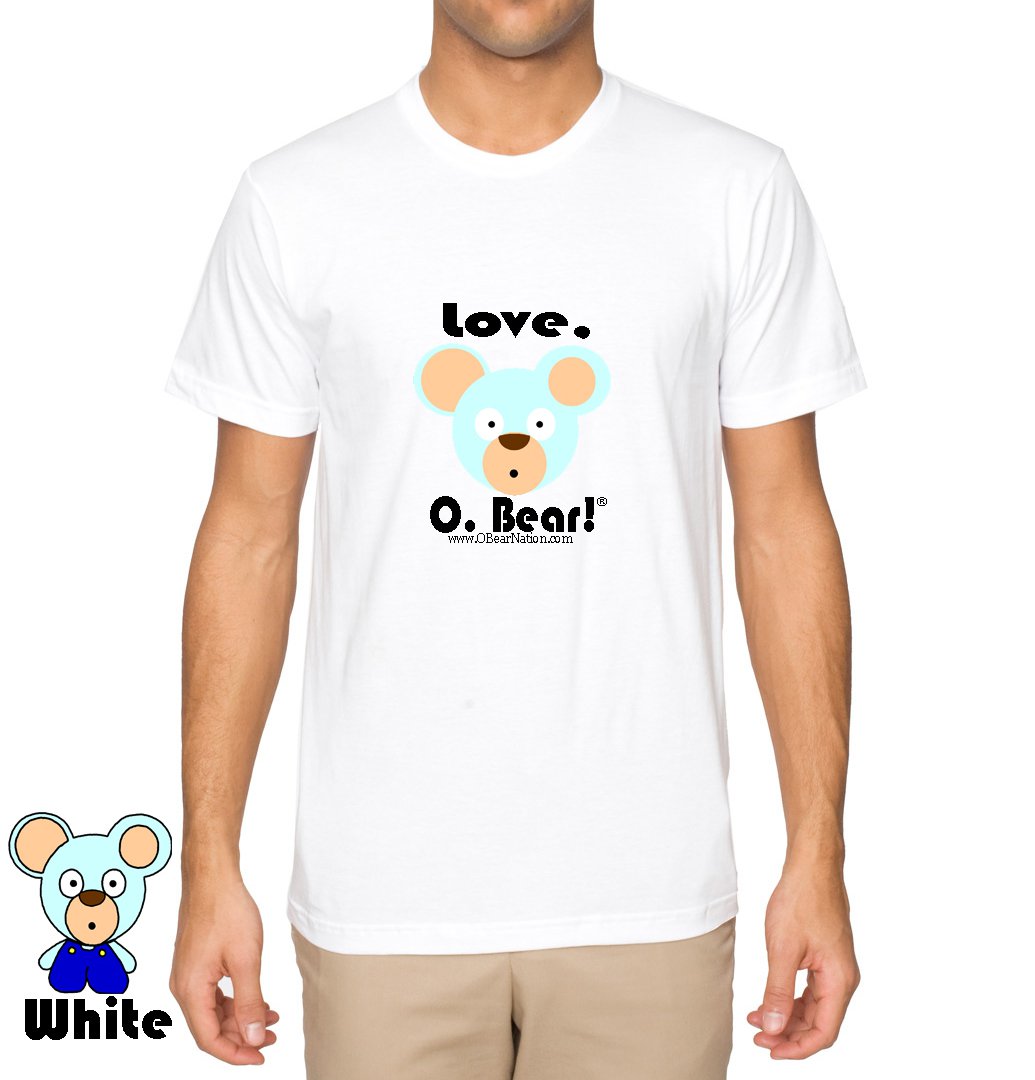 White O. Bear t-shirt with a cartoon bear design and text worn by a person on a white background