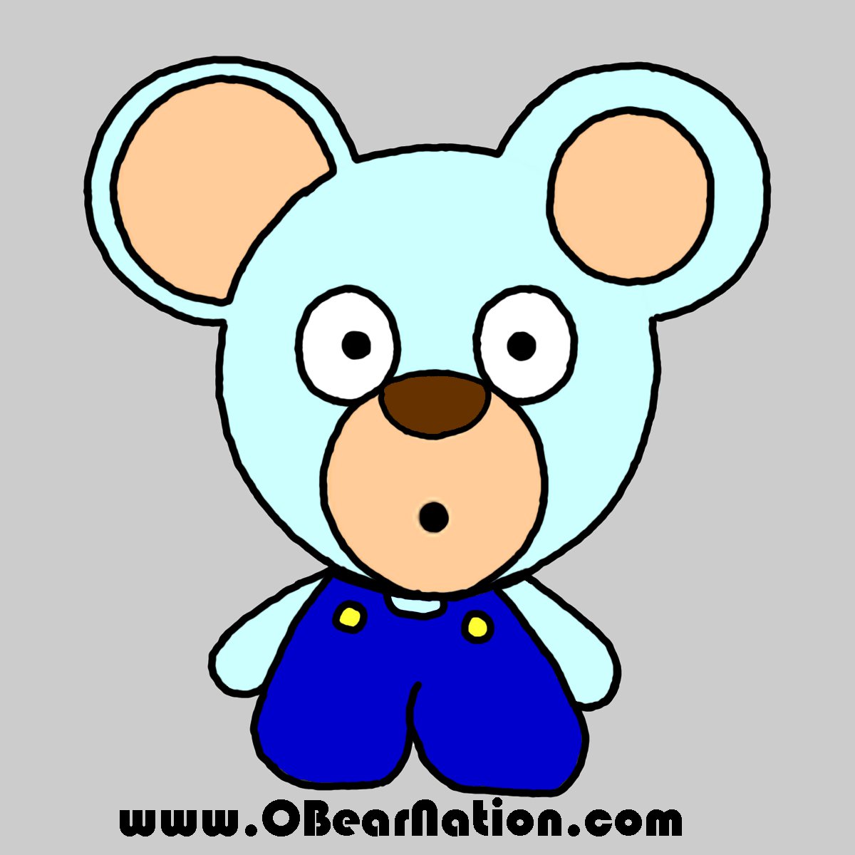 Cartoon O. Bear character with blue head and blue overalls on a gray background