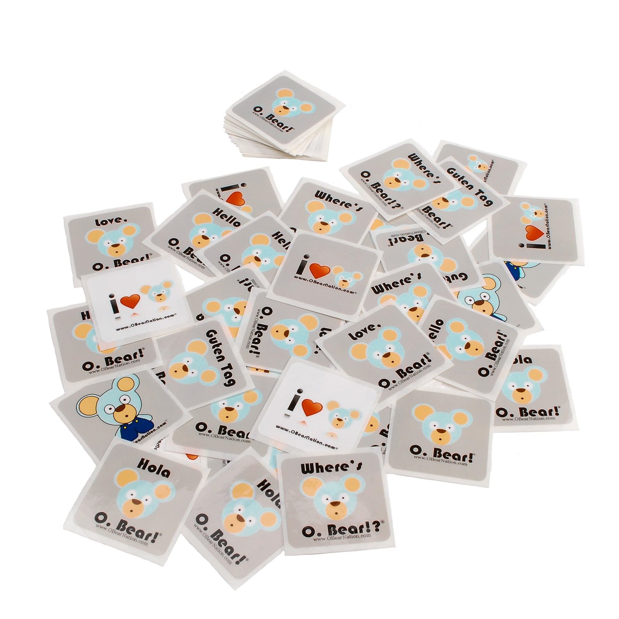 Set of stickers with O. Bear illustrations and text on a white background