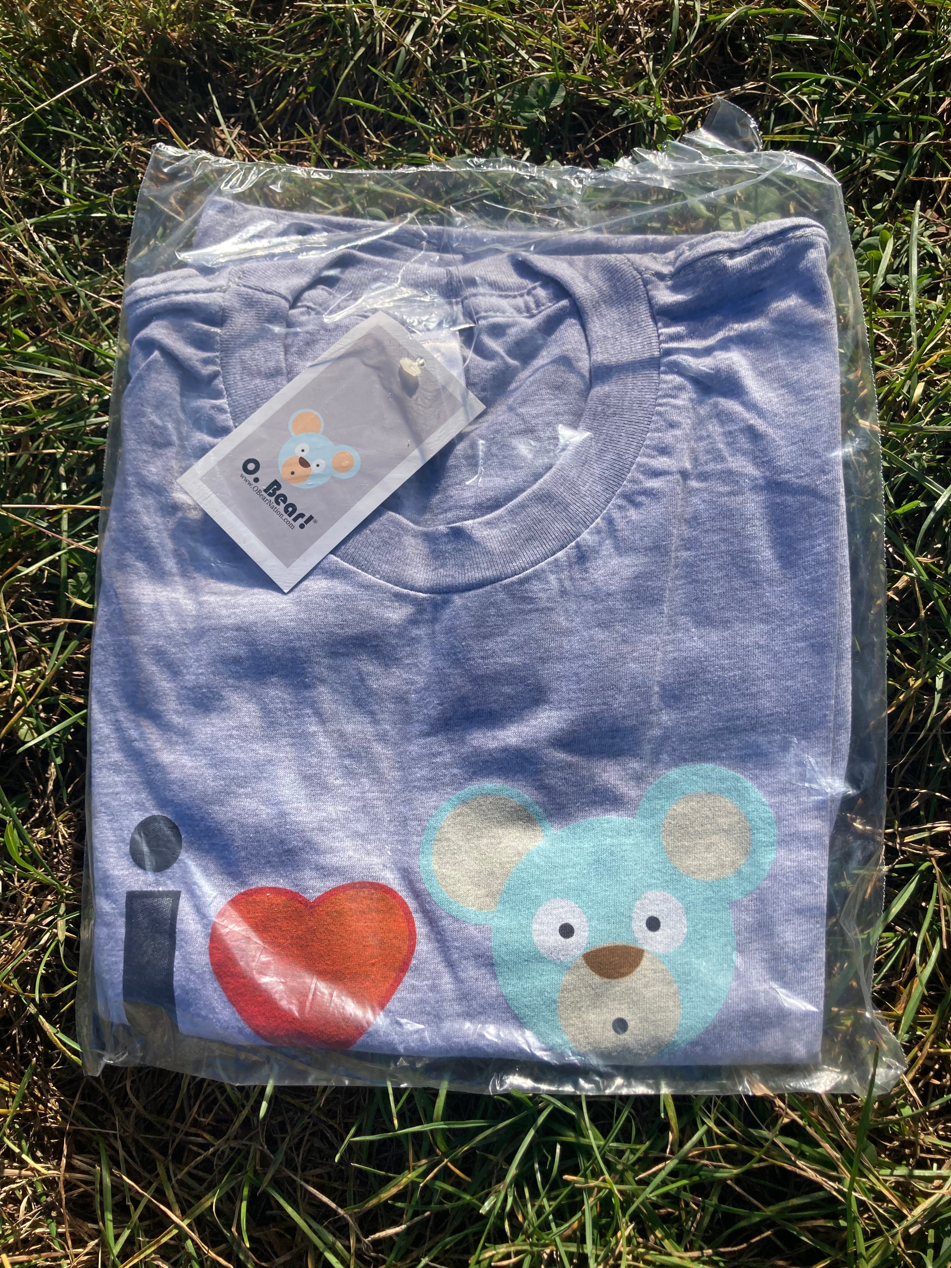Gray/Grey O. Bear t-shirt with bear design and 'I love' text on grass